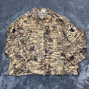 Erin London Womens Brown Abstract Floral Button Front Jacket Shirt Rayon Flax L